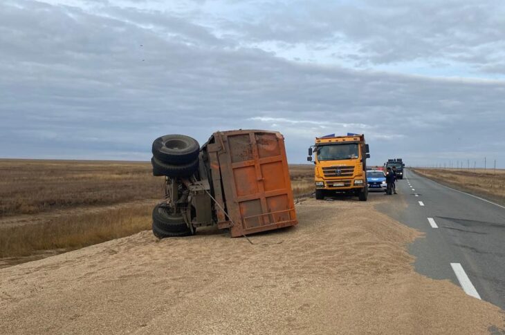 Прицеп с зерном опрокинулся на трассе в СКО